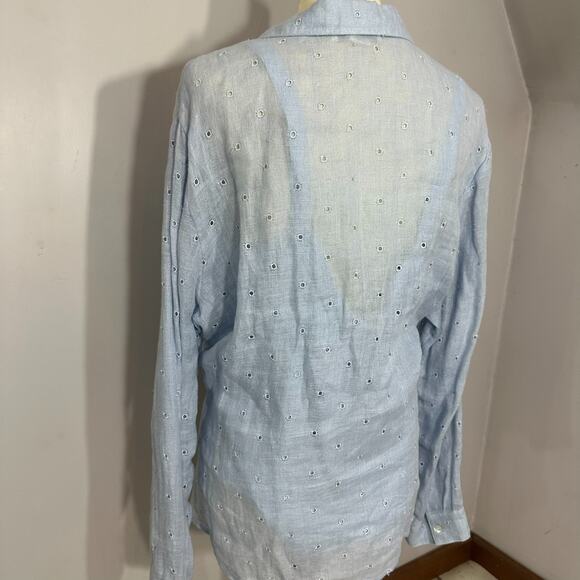 DONCASTER Blue Linen Silk 2pc Layered Top Set Sz 18 Cottage Preppy Eyelet Sheer - Picture 9 of 16